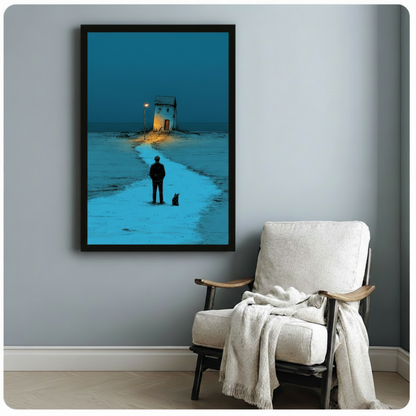 Dark academia style framed art print of a man and black cat on a winding night path, black frame, styled in a cozy minimalist reading corner