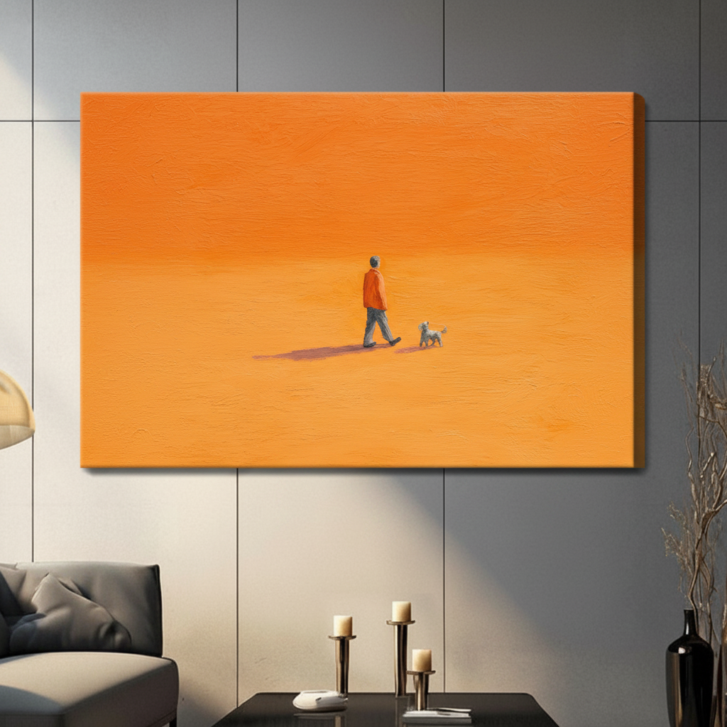 Frameless orange canvas print of man and dog walking – minimalist wall art for contemporary living room decor