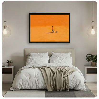 Minimalist orange canvas wall art of man walking dog displayed above bed in modern bedroom – warm tone art print