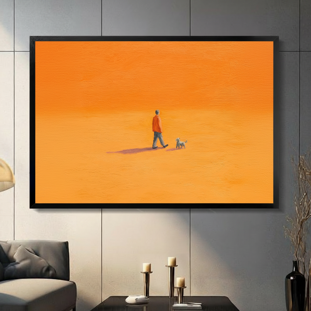Minimalist man walking dog canvas wall art in black frame displayed in modern dark living room – orange painting home decor