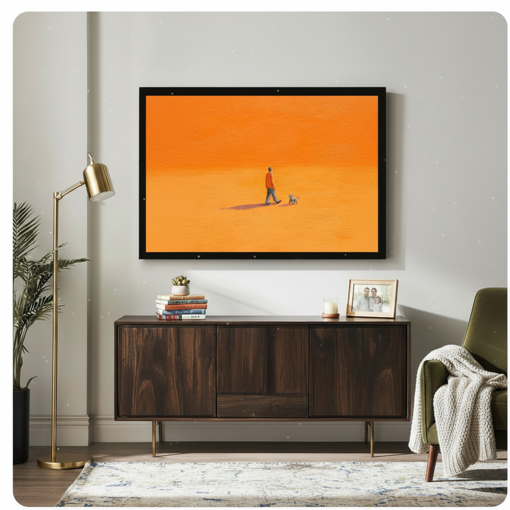 Framed orange minimalist painting of man and dog above wooden sideboard – statement wall art for home office or living space
