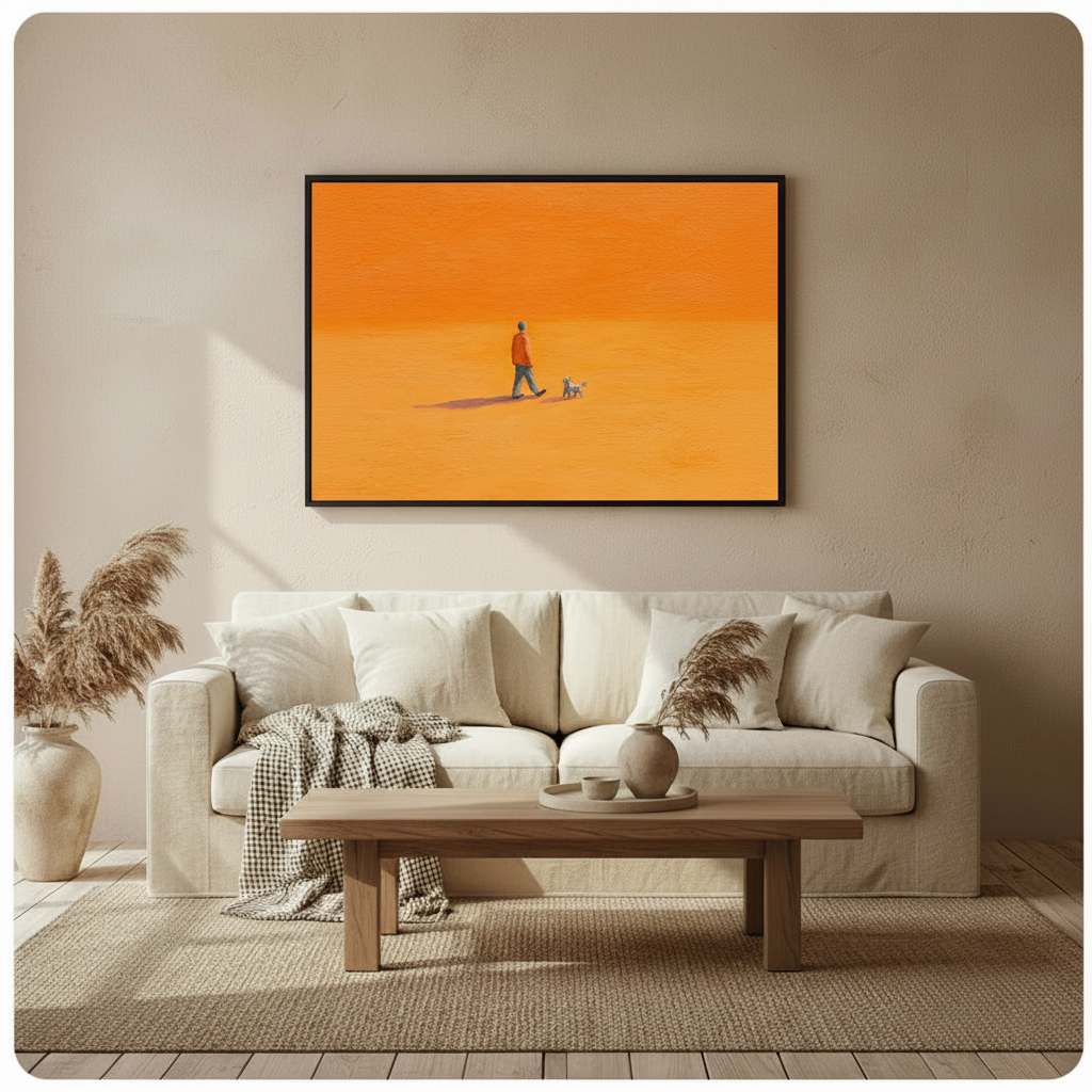 Orange minimalist man and dog wall art canvas hung above white sofa in warm boho living room – premium pet art print