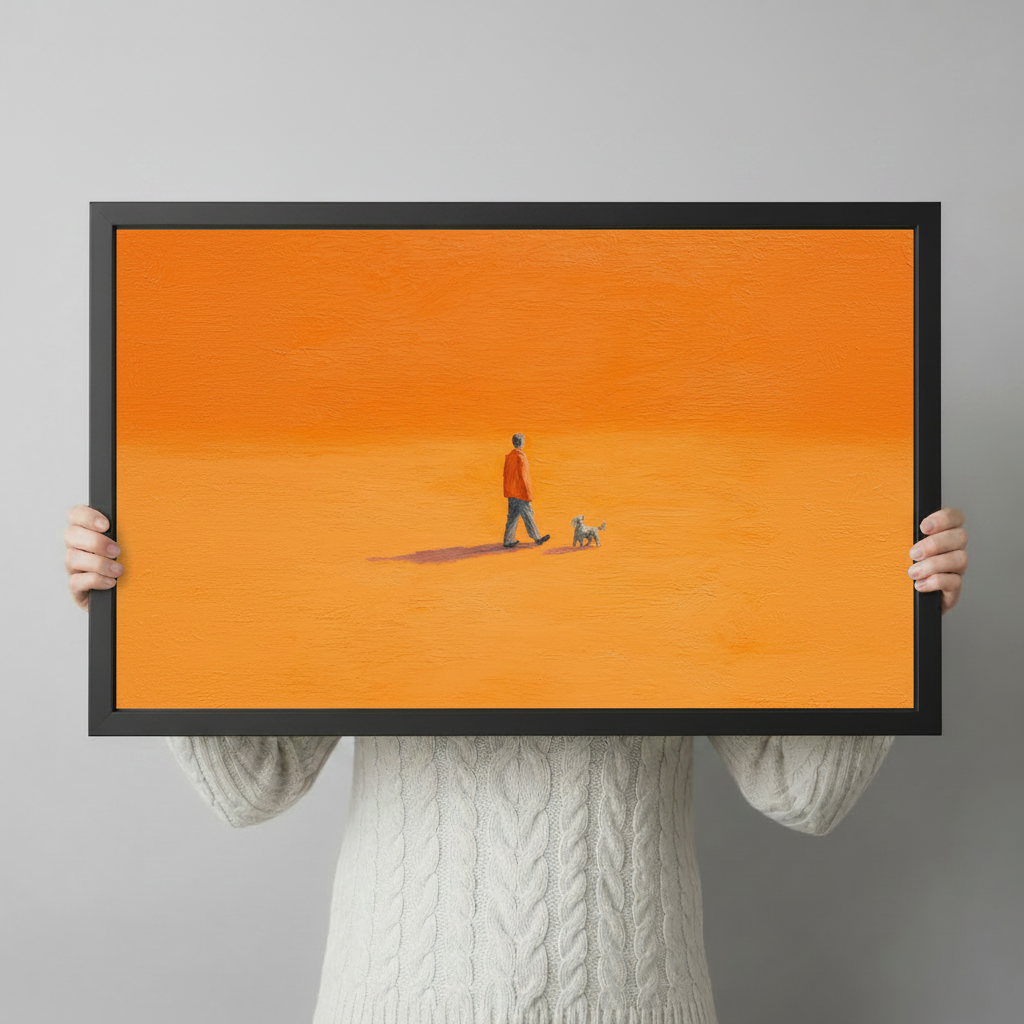 Person holding minimalist orange canvas print featuring man walking dog – wall art size reference display
