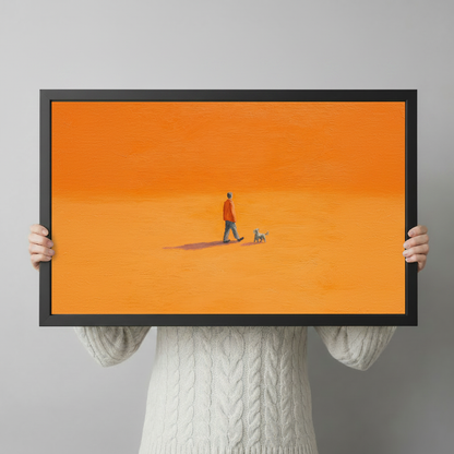 Person holding minimalist orange canvas print featuring man walking dog – wall art size reference display