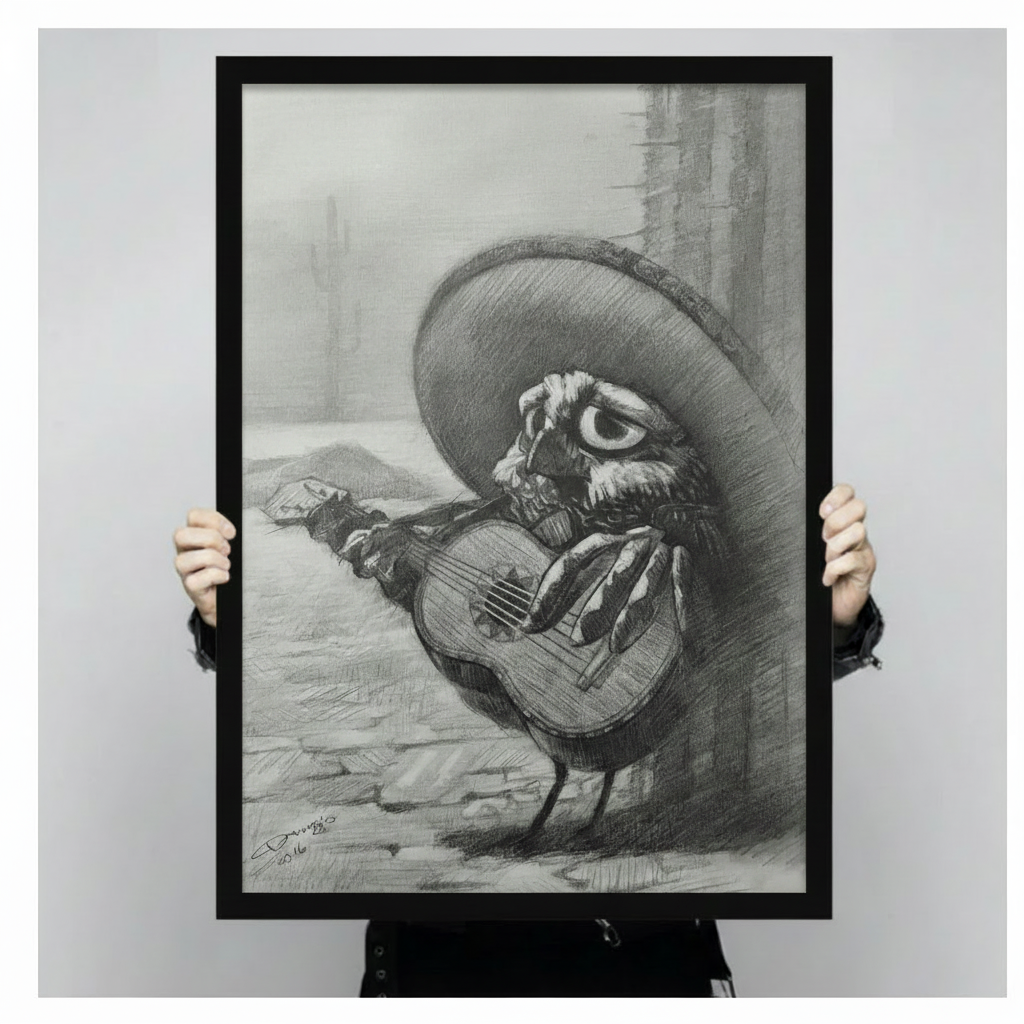 Hand-held close-up of mariachi owl playing guitar black framed art print, detailed charcoal sketch of expressive owl in oversized sombrero, unique animal musician wall decor