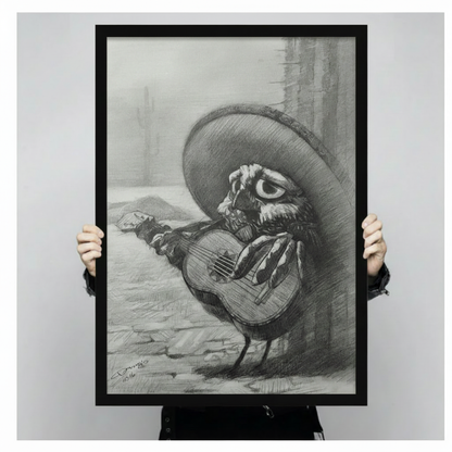 Hand-held close-up of mariachi owl playing guitar black framed art print, detailed charcoal sketch of expressive owl in oversized sombrero, unique animal musician wall decor