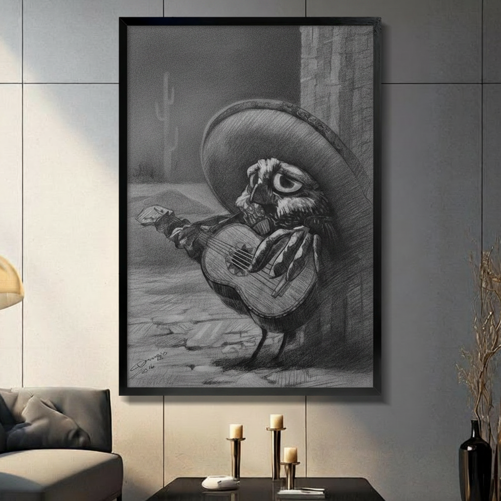 Charcoal sketch of mariachi owl playing guitar in sombrero framed wall art in modern living room, black and white funny bird musician poster with black frame on gray wall