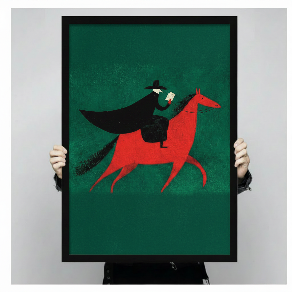 Person holding large black-framed masked rider on red horse art print to show actual print size and quality