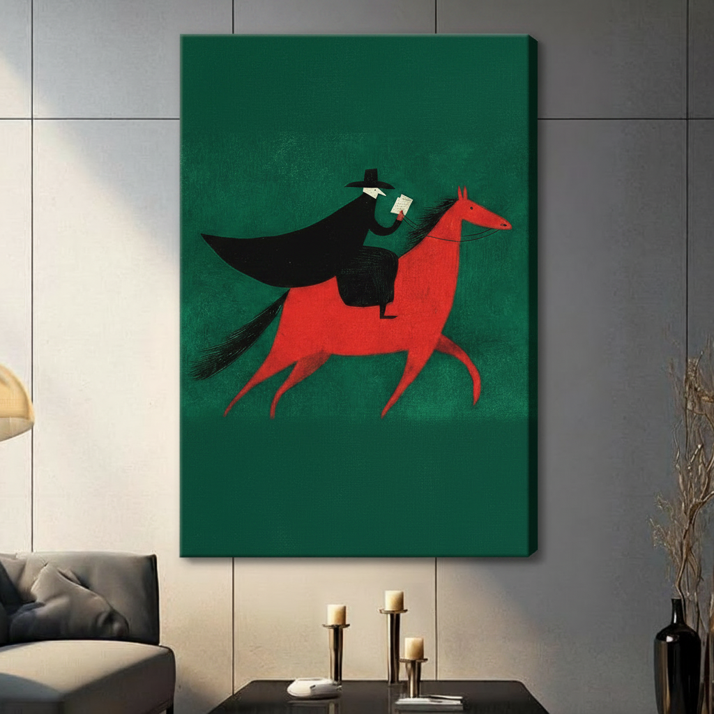 Gallery wrapped canvas print of masked cloaked rider on red horse against emerald green background on living room wall
