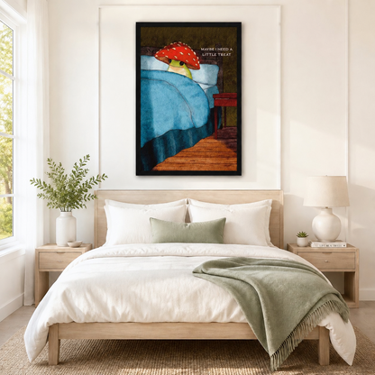Black framed frog with red mushroom hat wall art print displayed above a neutral linen bed in a serene Scandinavian bedroom, whimsical "Maybe I Need A Little Treat" quote decor