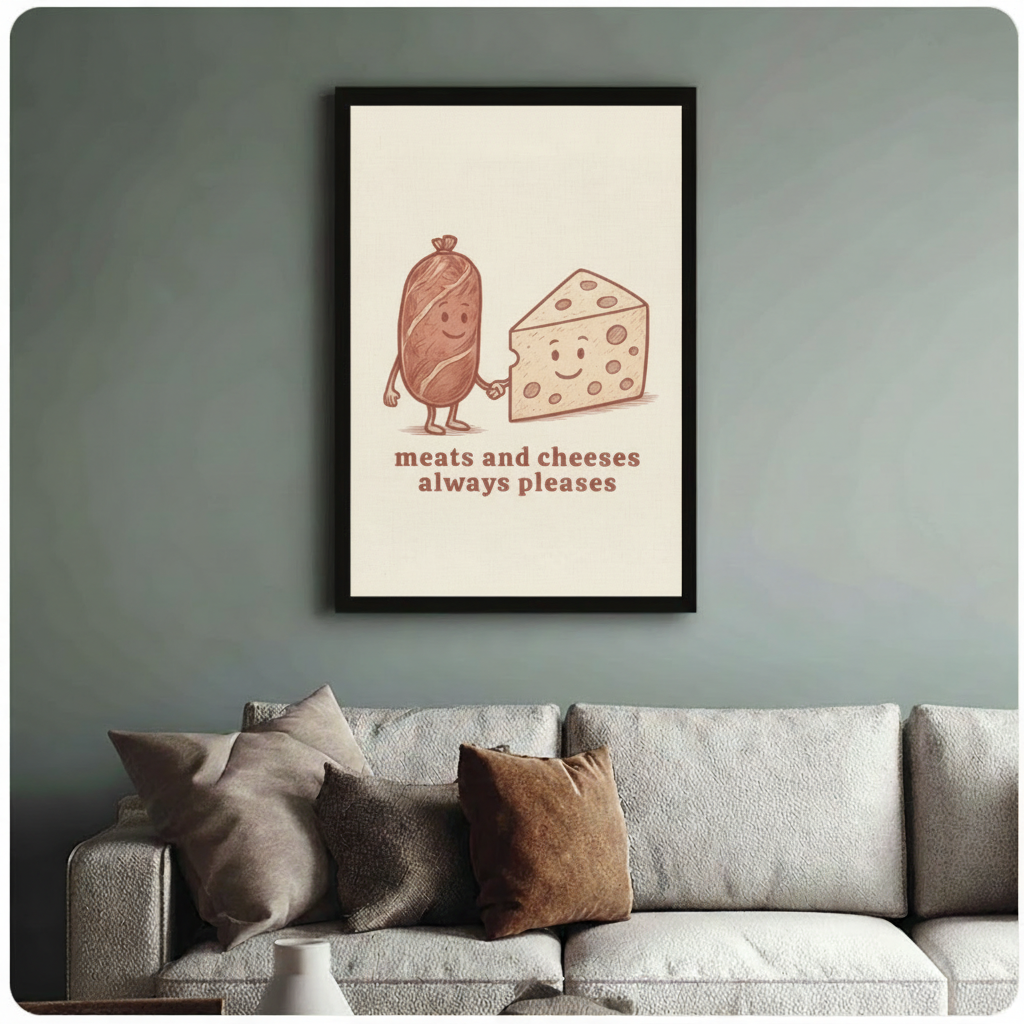 Meats and cheeses canvas wall art in black frame — whimsical food humor print for eclectic home interior
