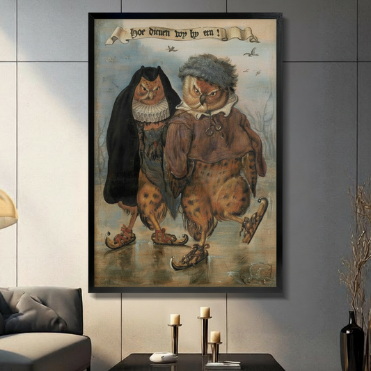 Vintage medieval owl couple ice skating art print in black frame displayed in modern dark-paneled living room