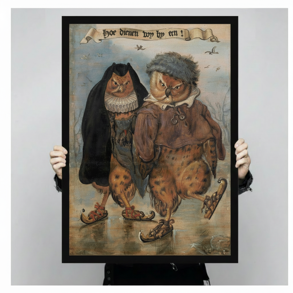 Close-up of vintage medieval owl couple ice skating poster held by hands showing detailed oil painting texture and gothic script banner