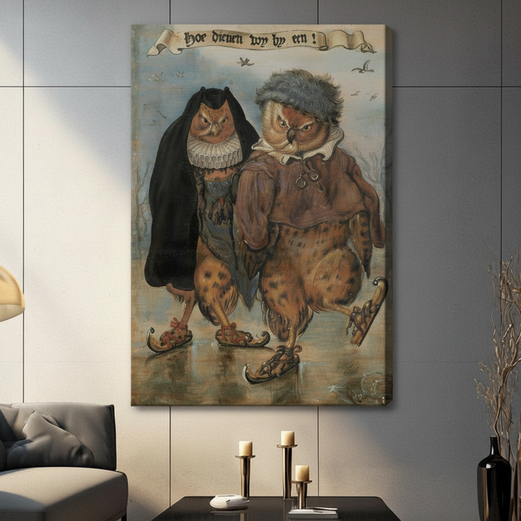 Antique-style owl pair ice skating canvas gallery wrap print mounted on grey wall beside modern sofa