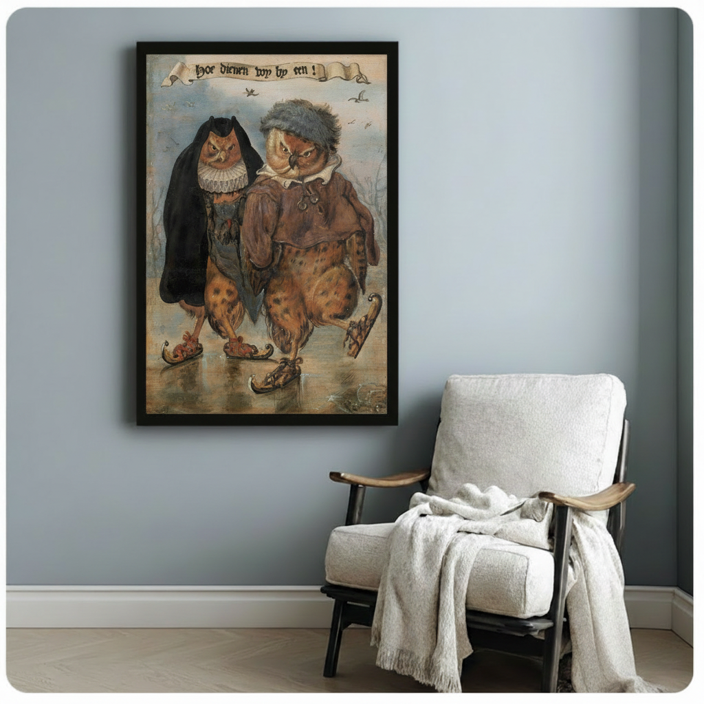 Framed medieval owl skating illustration hanging on dusty blue wall next to a linen armchair