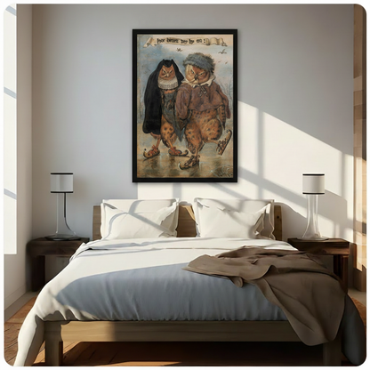 Medieval owl ice skating framed wall art hung above bed in bright Scandinavian bedroom with natural sunlight