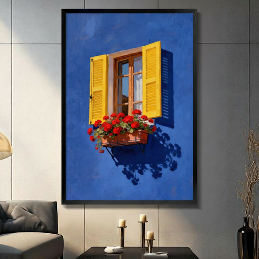 Framed wall art print of Mediterranean blue wall with yellow shutters and red geranium window box, displayed in modern living room