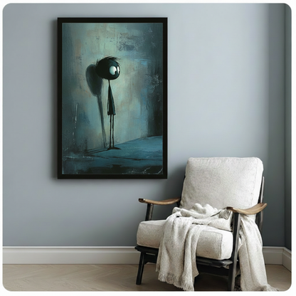 Black framed melancholy stick figure art print with shadow detail hanging on a light blue-grey wall beside a white linen armchair with throw
