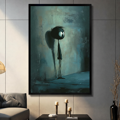 Framed melancholy stick figure with big eyes dark teal wall art displayed above a console table with candlesticks in a moody living room