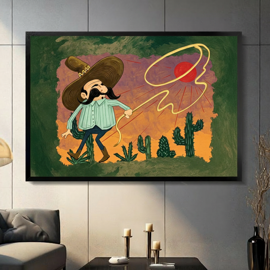 Whimsical retro cartoon illustration of a mustachioed Mexican cowboy in a large sombrero and teal striped shirt swinging a golden lasso toward a red sun above desert cacti against an orange and purple sunset bold cowboy wall art framed print in a living room with dark gray panel wall dark sofa and black vase