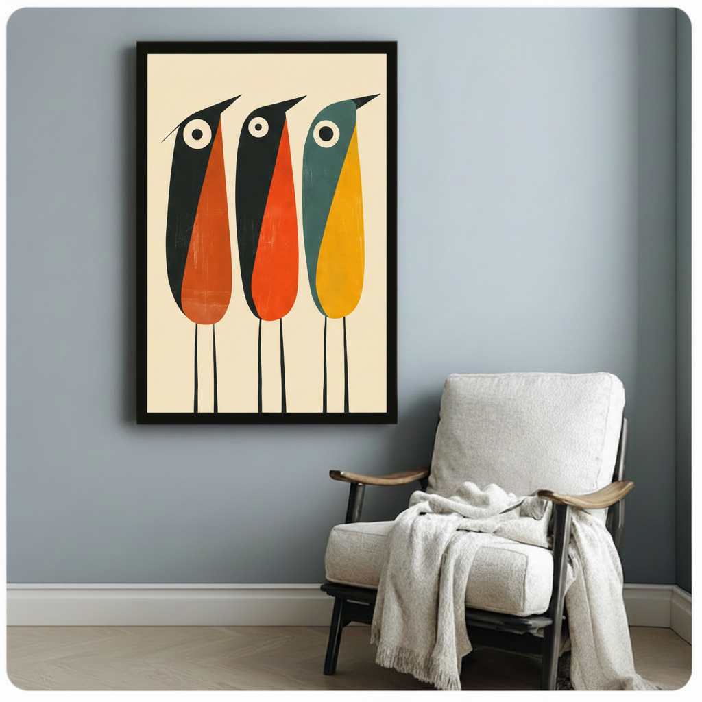 Black framed mid-century modern three abstract birds with round eyes art print in orange and teal on a light blue-grey wall beside a white linen armchair with draped throw
