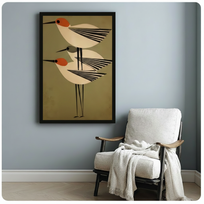 Black framed mid-century modern bird trio canvas art print featuring three geometric shorebirds with orange heads and black striped wings on olive green background beside a white linen armchair on a dark grey wall
