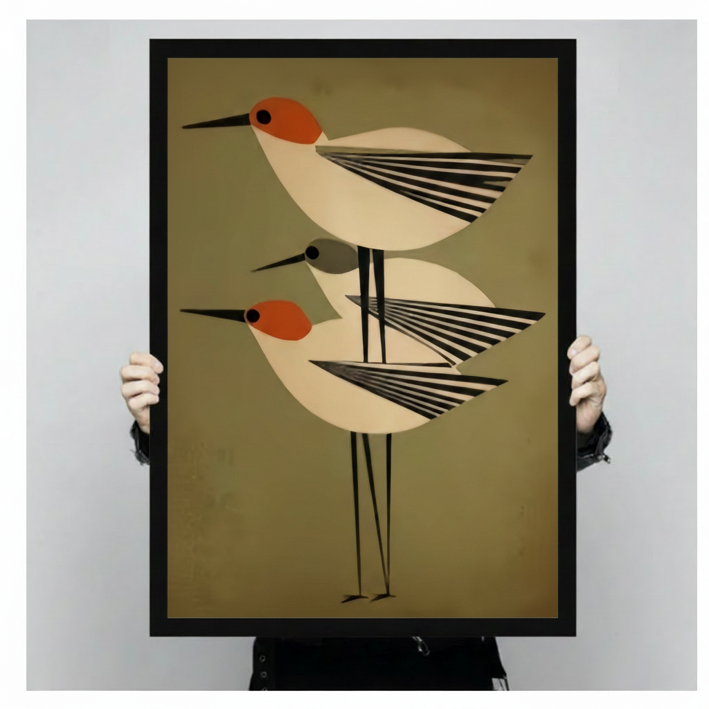 Person holding a large black framed mid-century modern three-bird canvas art print showing size scale and bold geometric shorebird illustration with orange and black striped wing detail