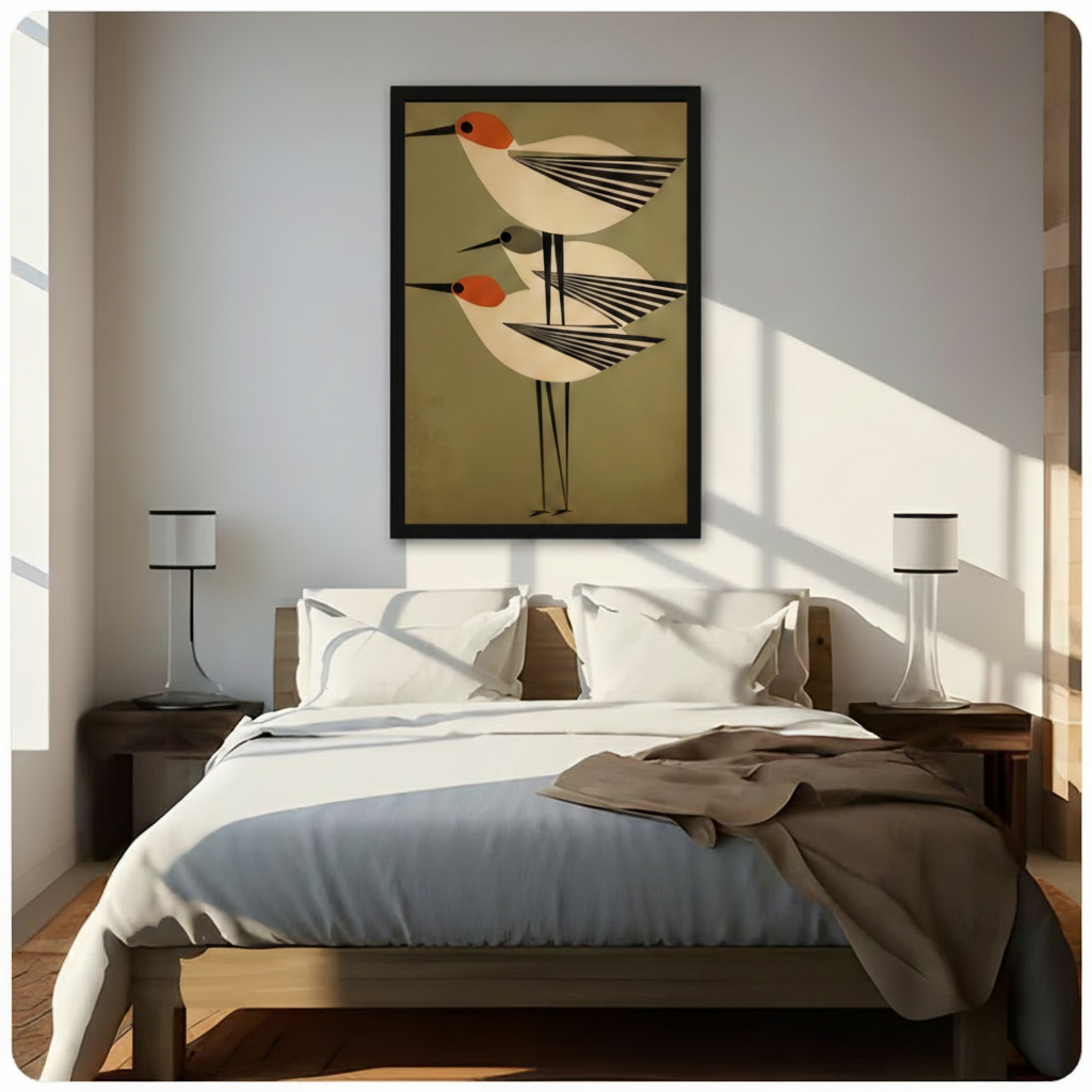Framed mid-century modern geometric bird trio canvas wall art with three shorebirds on warm olive green background hung above a wooden bed with white bedding in a sunlit bedroom