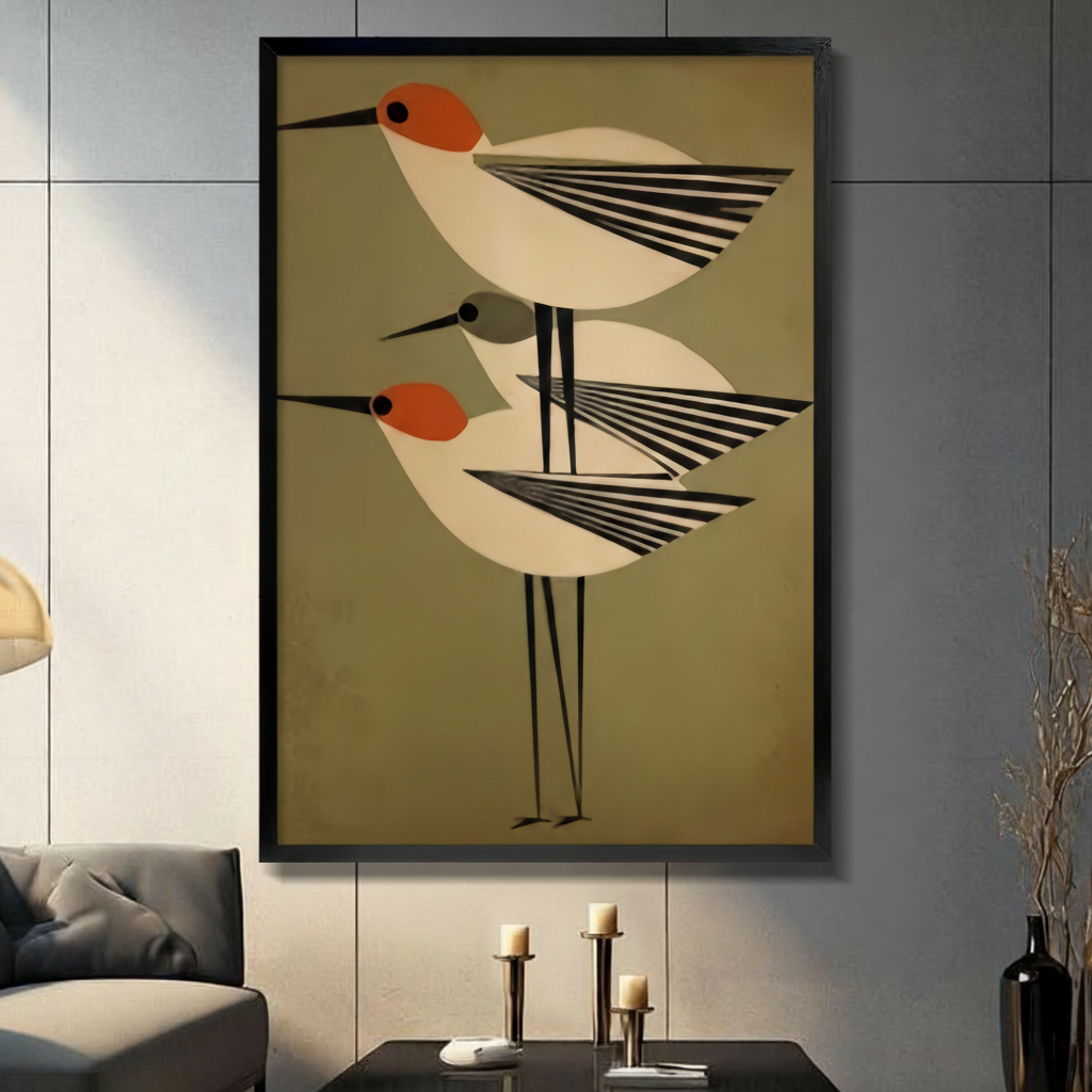 Framed mid-century modern bird trio canvas wall art with three geometric shorebirds in orange and black striped wing design on olive green background in a modern living room