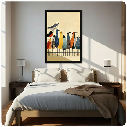 colorful geometric birds framed canvas above bed bedroom sunlight mid-century modern wall decor