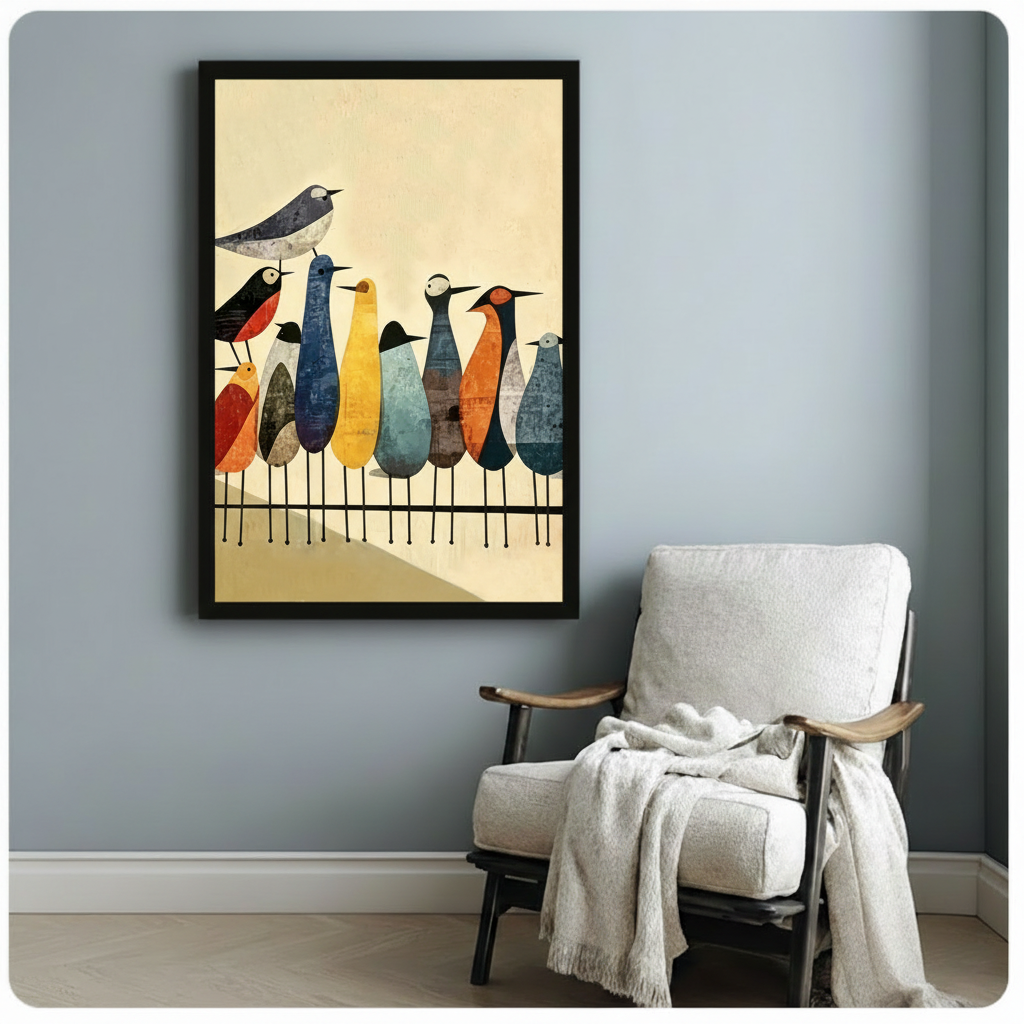 mid-century colorful birds framed canvas blue gray wall white armchair reading nook wall decor