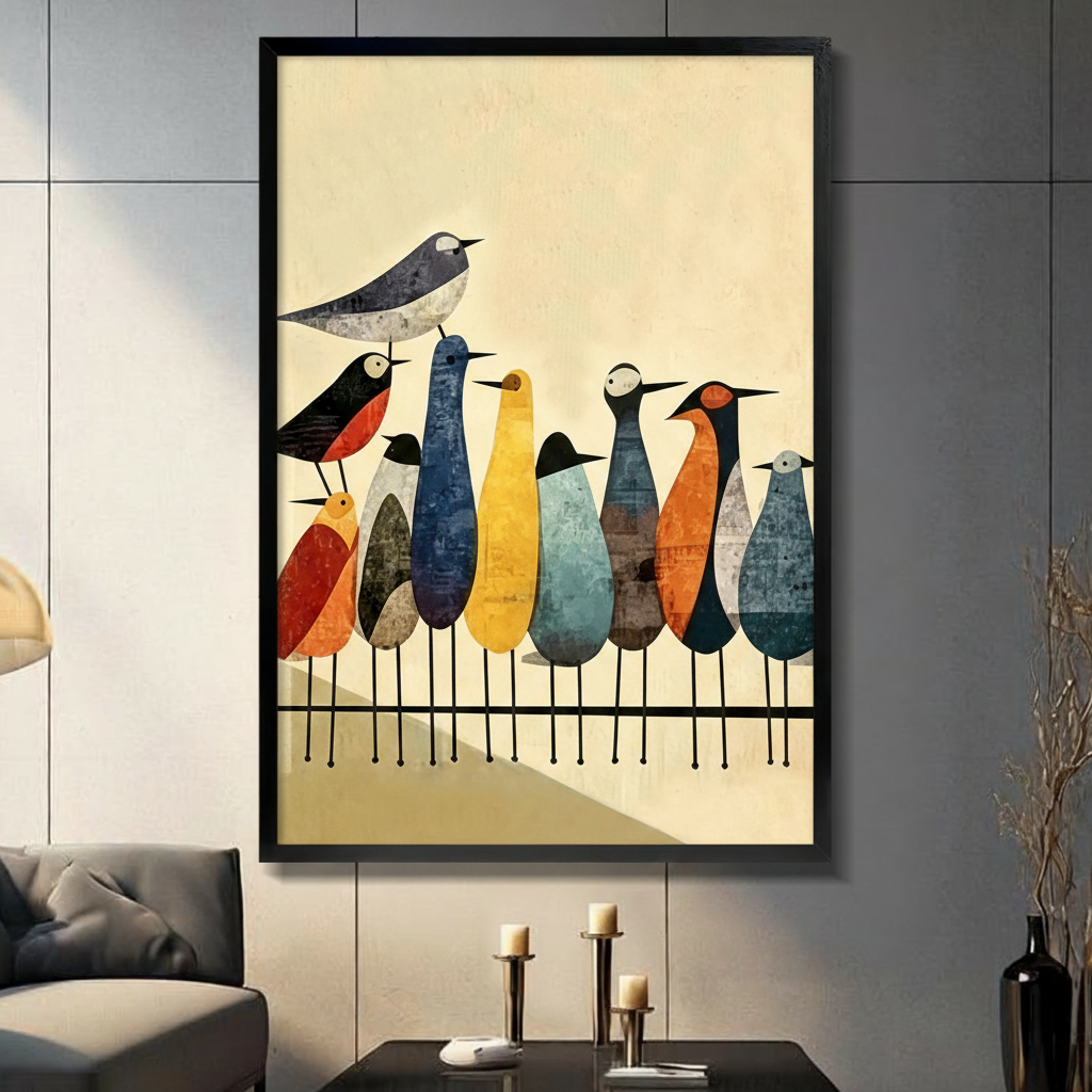 mid-century modern colorful birds framed canvas wall art gray tile wall dark living room decor