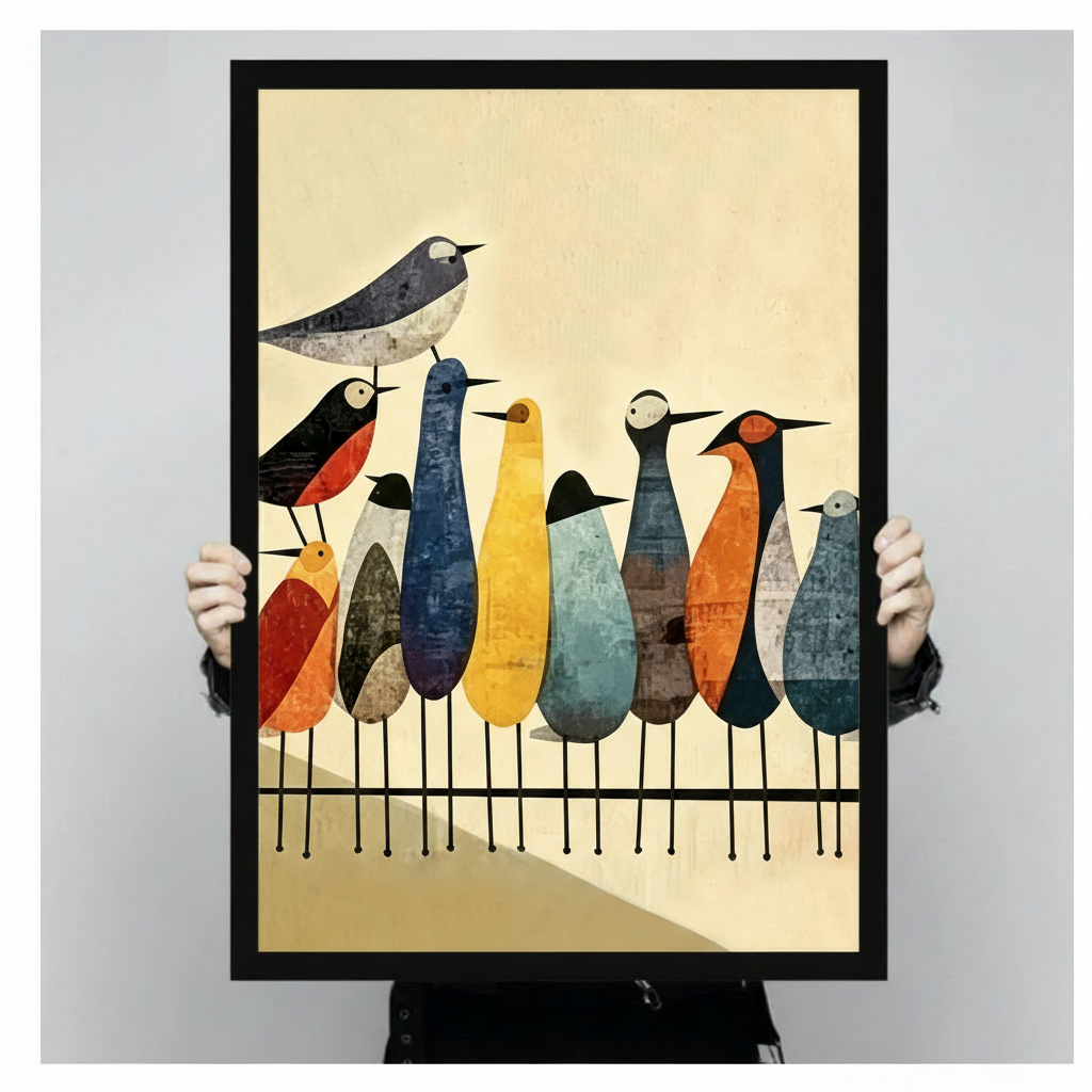 hand held mid-century modern bird flock framed print colorful geometric illustration retro wall art