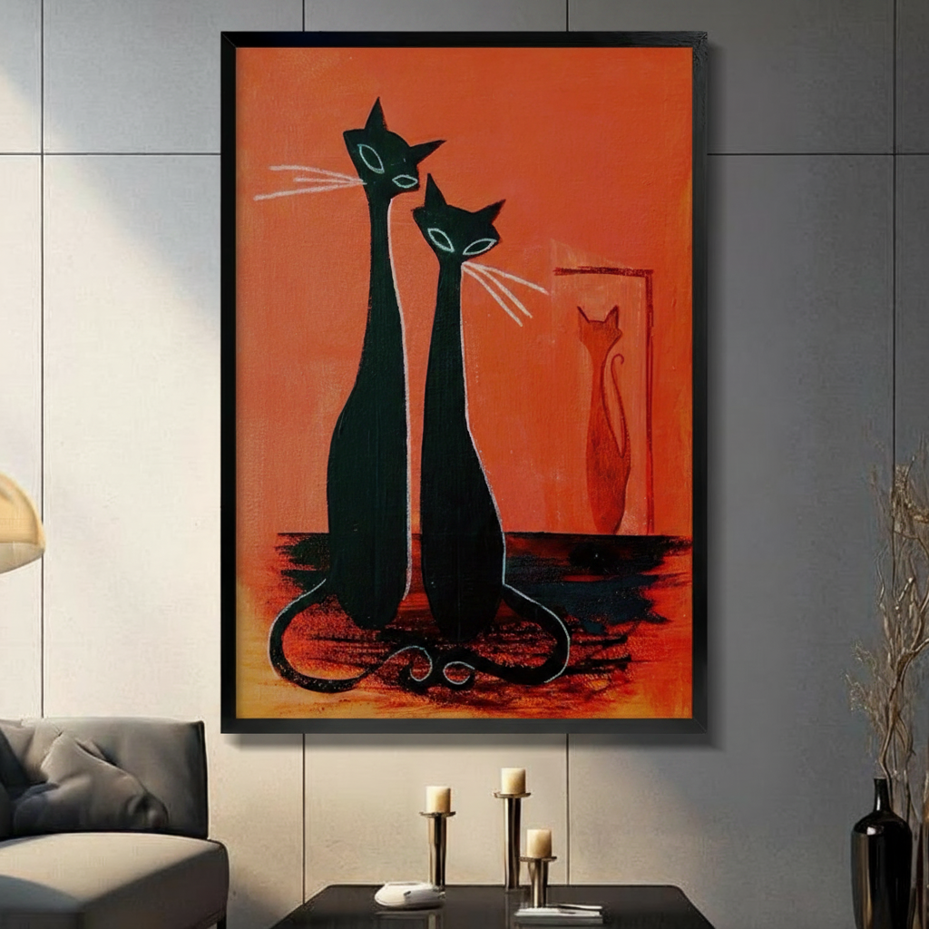 Mid-century modern two black cats canvas wall art in black frame on dark grey panel wall – bold orange red background sleek cat duo oil painting print for living room