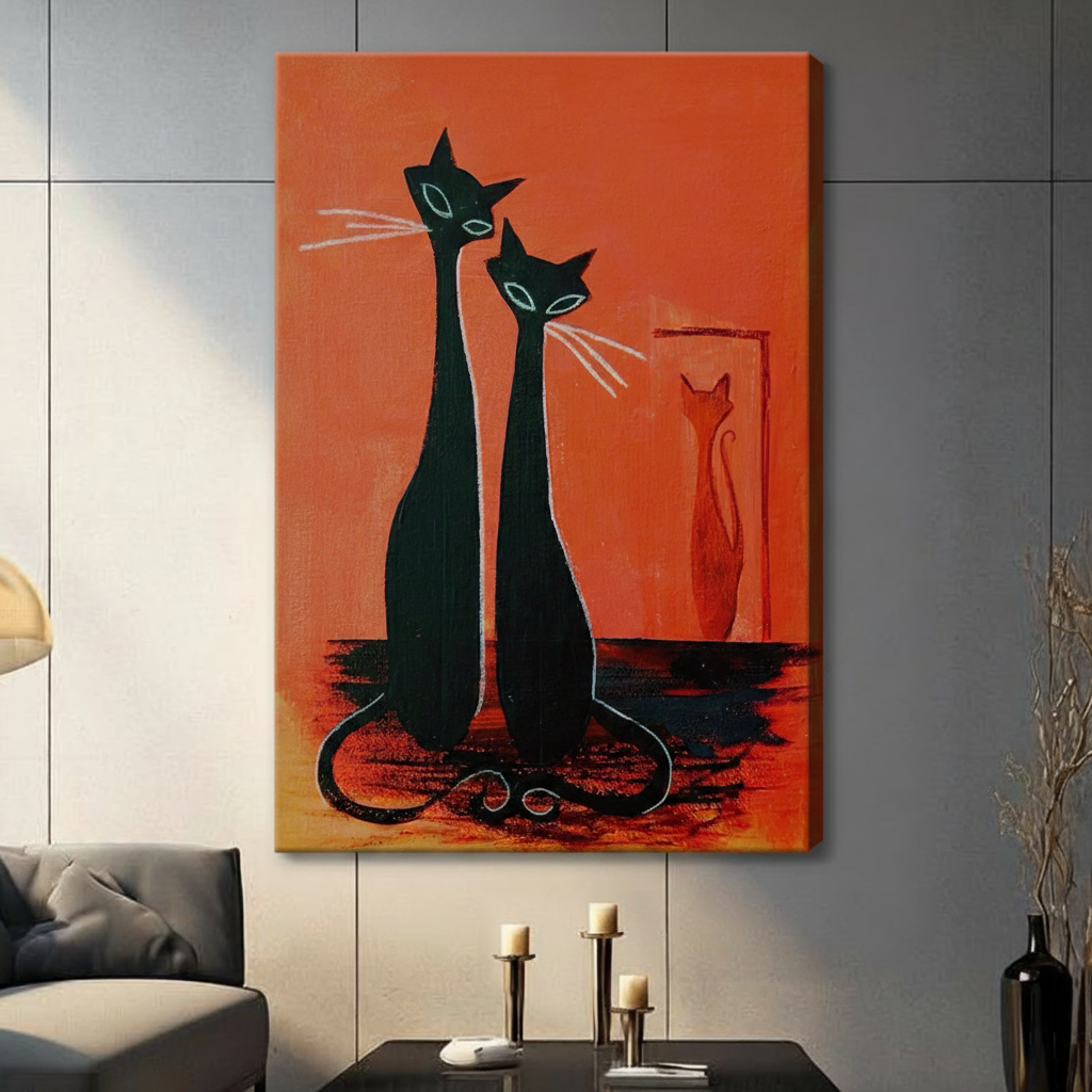 Frameless mid-century modern two black cats canvas print on dark grey panel wall – retro orange background elongated cat silhouette wall art for contemporary living room