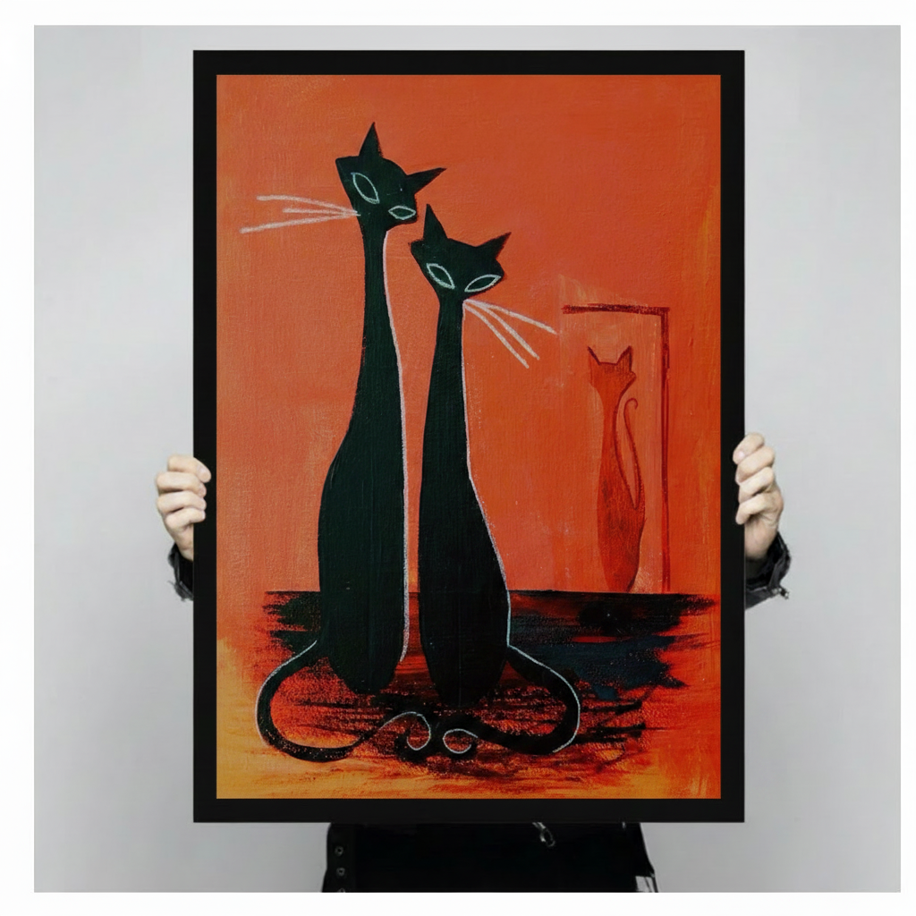 Hands holding framed mid-century modern two black cats orange canvas wall art – retro elongated cat duo oil painting size reference display