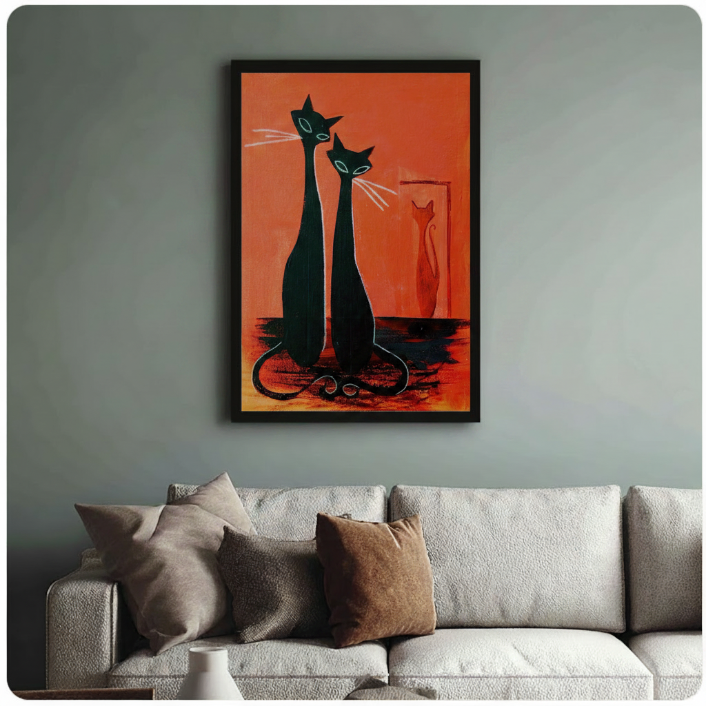 Framed mid-century modern black cats duo oil painting above cream textured sofa on sage grey wall – bold orange retro cat canvas wall art for living room decor