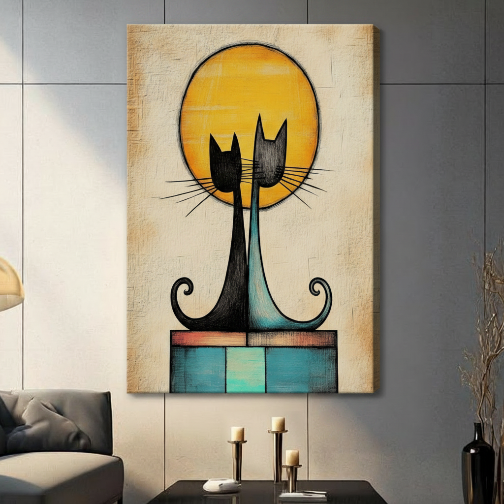 Stretched canvas of mid-century modern two cats and golden sun illustration — minimalist wall art for contemporary living room decor