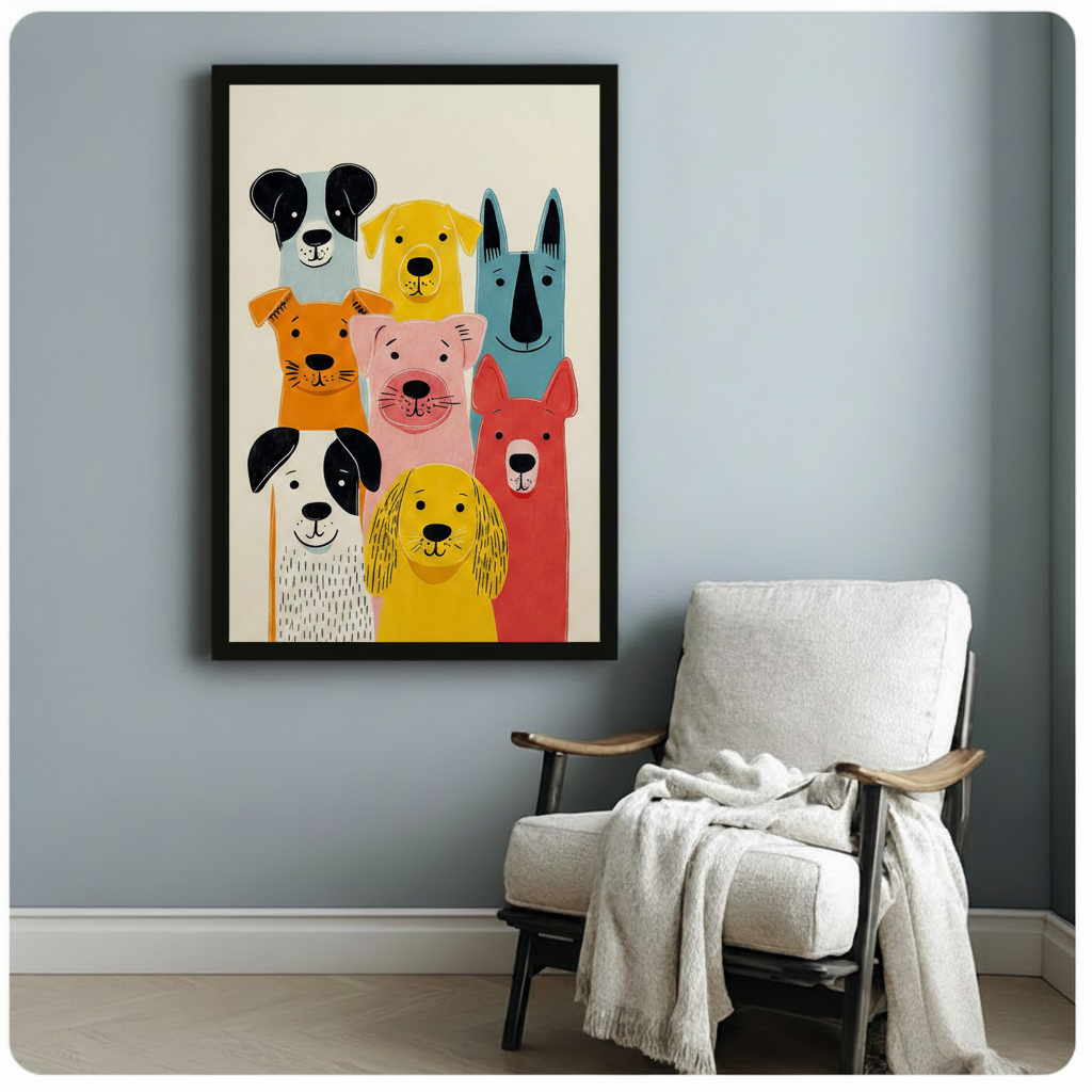 Black framed mid-century modern illustration eight bold colorful cartoon dog faces crowded together featuring spotted dalmatian golden retriever teal shepherd orange terrier pink bulldog and coral hound on off-white background canvas print on pale blue-grey wall beside wood arm accent chair with draped cream throw - cheerful colorful dog pack group portrait wall art for cozy reading nook pet lover decor