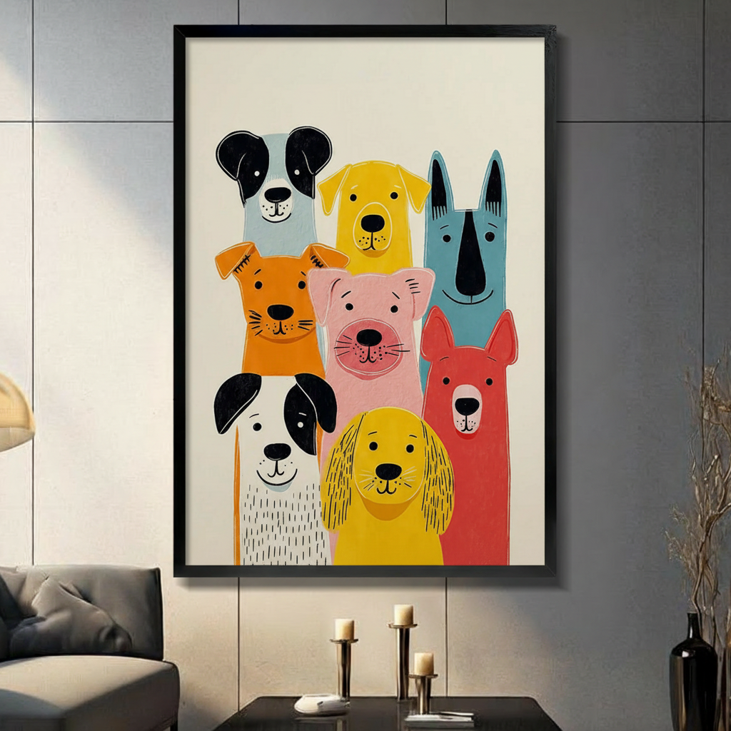 Framed mid-century modern illustration eight colorful cartoon dogs packed together including black and white spotted dalmatian yellow labrador blue grey shepherd orange terrier pink bulldog and red hound on cream white background canvas print on dark grey tile wall in modern living room - whimsical colorful dog pack group portrait wall art for contemporary pet lover home decor