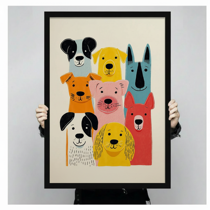 Person holding large framed mid-century modern illustration eight colorful cartoon dogs packed together including black and white spotted dalmatian yellow labrador blue grey shepherd orange terrier pink bulldog and red hound on cream white background canvas print with both hands - close up size reference of whimsical colorful dog pack group portrait wall art with black frame finish