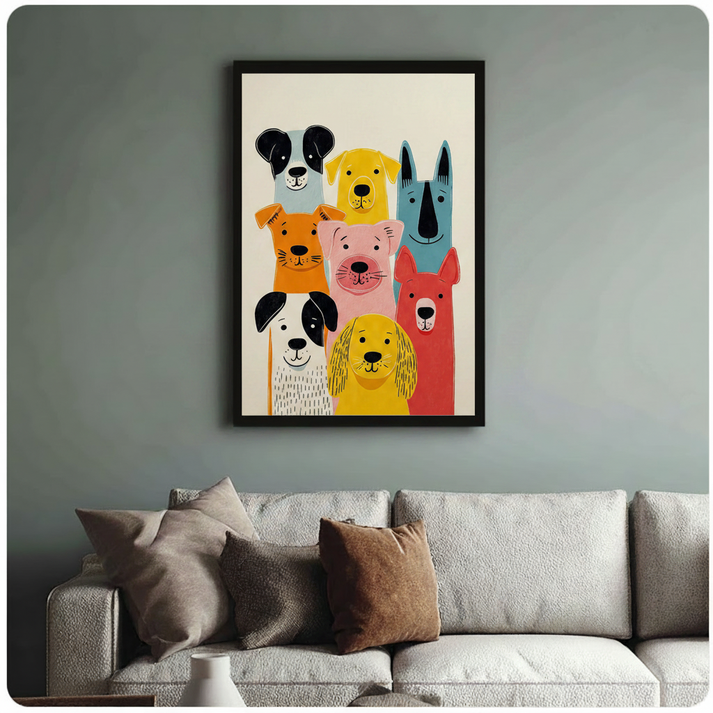 Framed mid-century modern illustration eight colorful cartoon dogs packed together including black and white spotted dalmatian yellow labrador blue grey shepherd orange terrier pink bulldog and red hound on cream white background canvas print on sage blue-grey wall above cream textured sofa with mixed throw pillows - whimsical colorful dog pack group portrait wall art for stylish pet lover living room decor
