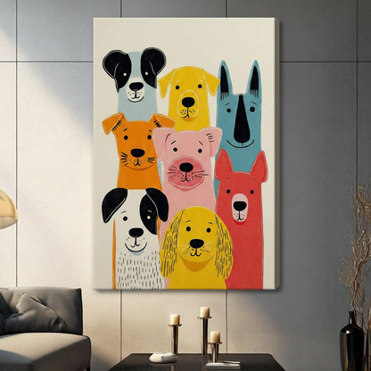 Unframed mid-century modern illustration eight bold colorful cartoon dog faces crowded together featuring spotted dalmatian golden retriever teal shepherd orange terrier pink bulldog and coral hound on off-white background canvas print on dark grey tile wall in contemporary living room - cheerful colorful dog pack group portrait wall art for modern pet lover interior decor