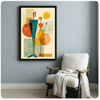 Black framed mid-century modern abstract couple holding a cocktail art print with bold geometric circles on a light blue-grey wall beside a white linen armchair
