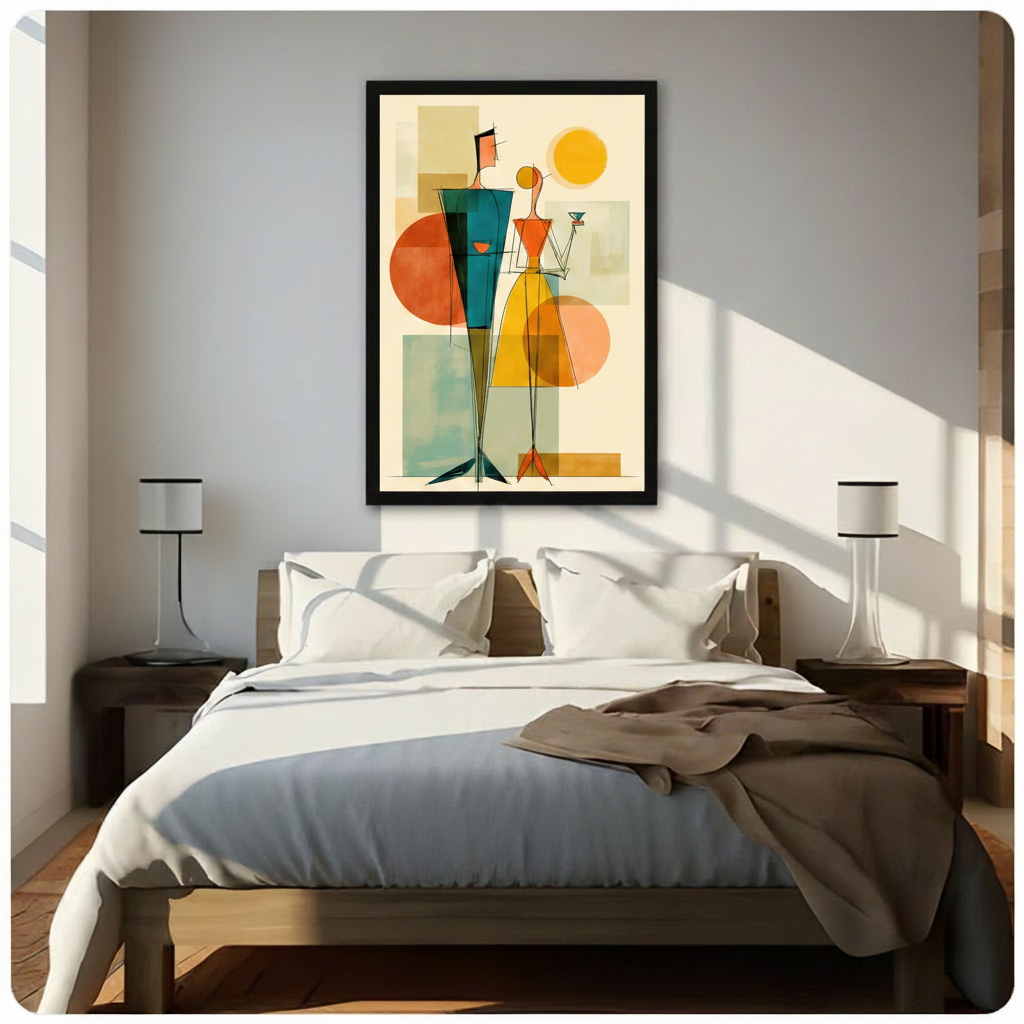 Framed mid-century modern abstract couple with cocktail glass wall art in teal and yellow hung above a wooden bed with white bedding in a bright sunlit minimalist bedroom