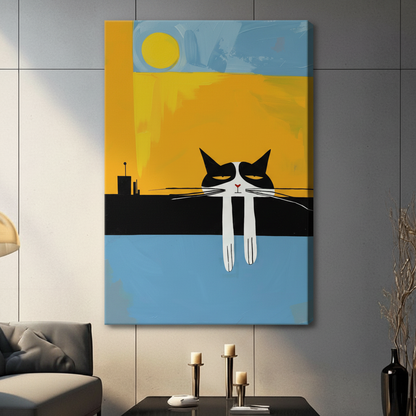 Stretched canvas mid-century modern grumpy tuxedo cat on rooftop with sun wall art featuring a deadpan black and white cat with droopy eyes and impossibly long white dangling paws resting on a flat black rooftop against a bold split golden amber sky and powder blue lower panel with a bright yellow sun and minimal city skyline silhouette, hung on a gray panel wall above a dark gray sofa