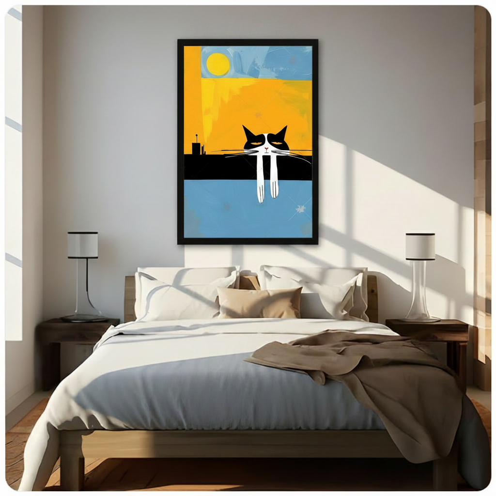 Black framed mid-century modern grumpy tuxedo cat on rooftop with sun canvas art with a sulky black and white cat with droopy eyes and impossibly long white dangling paws resting on a flat black rooftop ledge beneath a bright yellow sun on a bold split golden amber sky and powder blue lower panel with a minimal city silhouette, hung above a dark wood bed with white linen bedding in a sunlit bedroom
