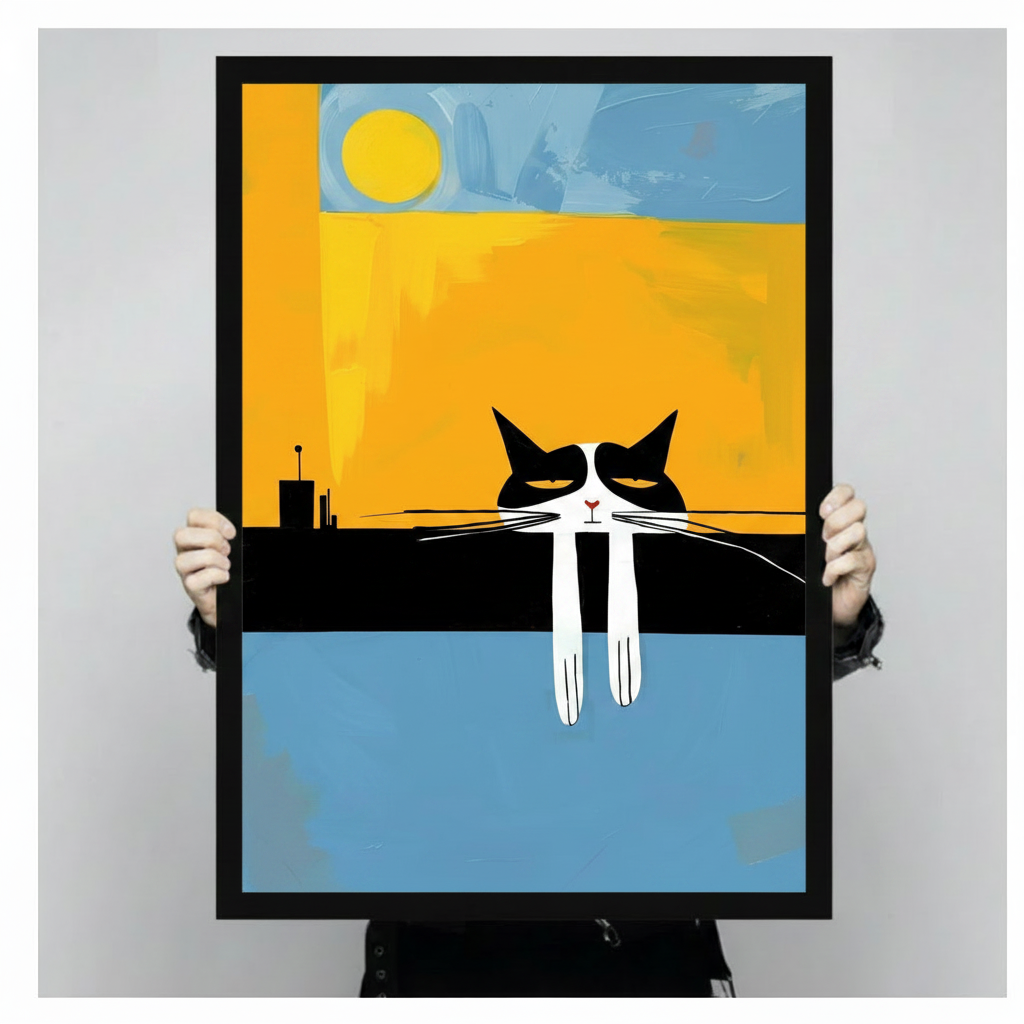 Hands holding a large black framed mid-century modern grumpy tuxedo cat on rooftop with sun canvas art print with a deadpan black and white cat with heavy-lidded eyes and long white dangling paws perched on a flat black rooftop beneath a bold yellow sun against a split golden amber and powder blue geometric background with a minimal city skyline silhouette