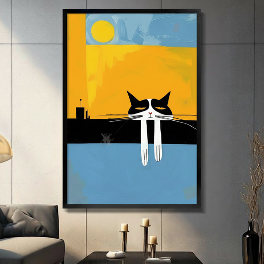 Black framed mid-century modern grumpy tuxedo cat on rooftop with sun canvas art with a sulky black and white cat with heavy-lidded eyes and long dangling white paws perched on a flat black rooftop ledge beneath a bold yellow sun against a split golden amber and sky blue geometric background with a small city silhouette, hung on a gray panel wall above a dark gray sofa