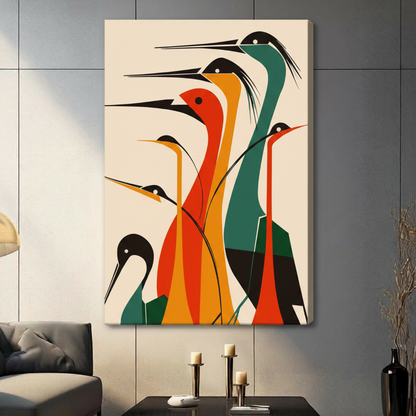 Retro mid-century modern art print of a group of five stylized cranes or herons composed of flat geometric shapes in bold red orange golden yellow and dark teal with black rounded heads white circular eyes and long thin pointed beaks staggered in height on a warm ivory background minimalist bird illustration stretched canvas wall art print hanging in a contemporary living room with dark gray tiled wall